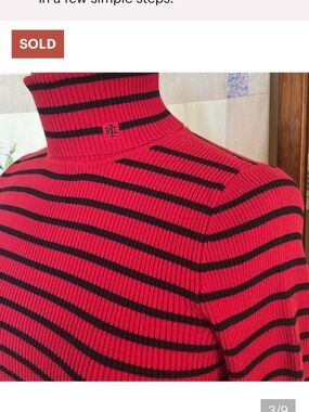 Lauren Ralph Lauren, red/black rib knit cotton, striped, mock turtleneck sweater